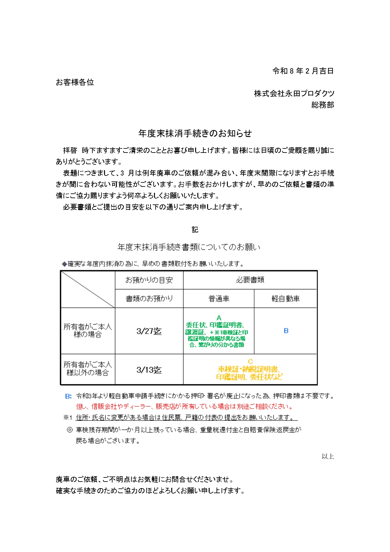 年度末廃車手続きに関するお知らせ 写真１